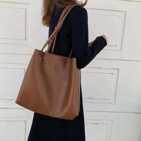casual women shoulder bags large capacity soft pu leather female bucket bag ladies big totes lady composite bags handbag brown